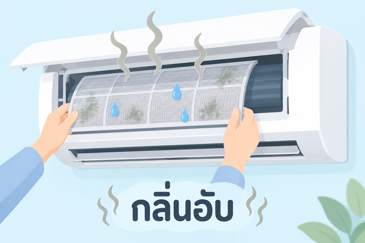 ภาพแสดงว่าแผ่นกรองที่ยังหมาดทำให้เกิดกลิ่นอับและเชื้อราในแอร์
